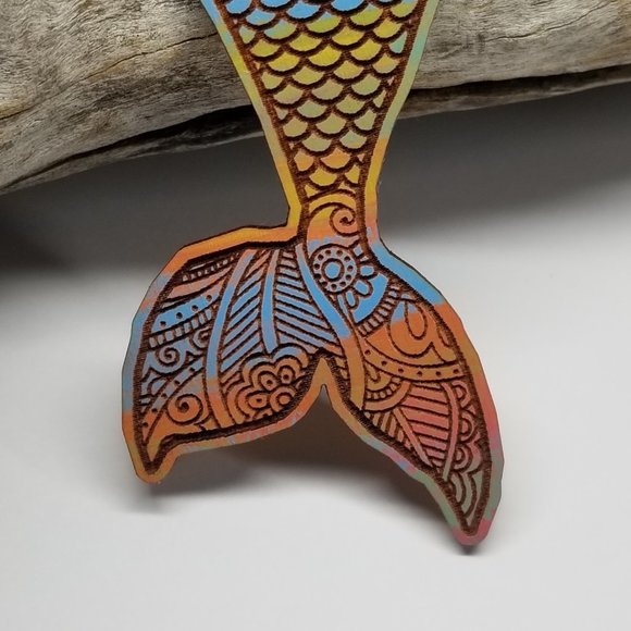 Mermaid Design II  Hand-painted  Solid Cherry Wood with 925 Sterling Silver Loop - Picture 5 of 6